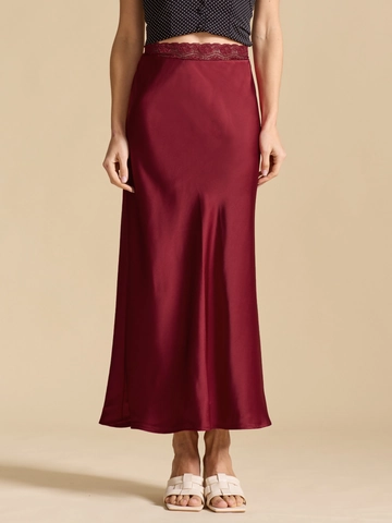 Women Sexy Lace Waist Satin Midi Skirt Elegant High Waist Bodycon Long Skirt Evening Party Bottoms For Lady Fashion Dressy Apparel