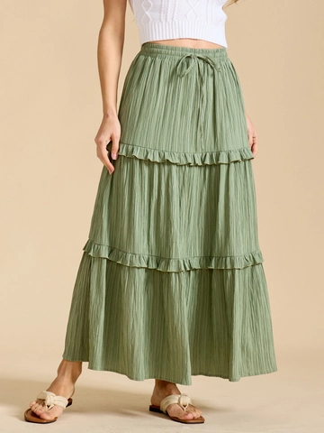 Jupe Maxi à Étages Taille Haute pour Femmes Cordon de Serrage Élastique Plissé Jupe Longue Trapèze Avec Volants Jupe Élégante
