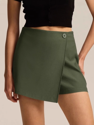Women Asymmetrical High Waist Skort Wrap Button Decor Elastic A-Line Mini Skirt Pants Elegant Business Commuter Short Pants