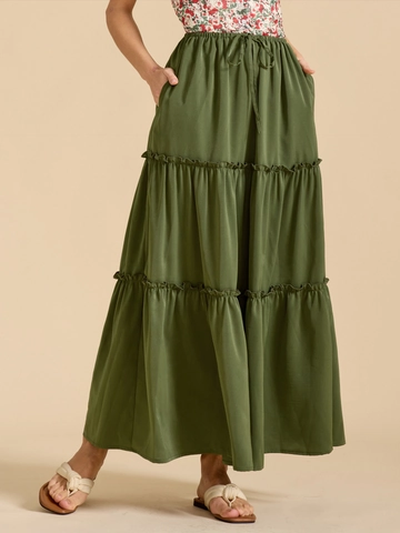 Women's High Waist Tiered Maxi Skirt Elastic Drawstring A-Line Long Skirt With Pockets Solid Color Floral Vacation Summer Skirt