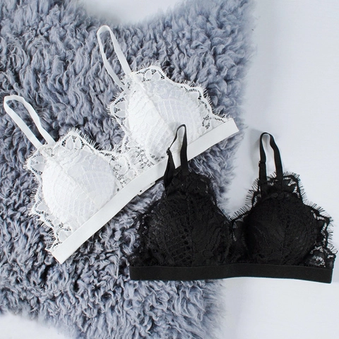 Women Sexy Eyelash Lace Bralette Wire Free Deep V Neck Camisole Floral Embroidery Breathable Lingerie Top Black White