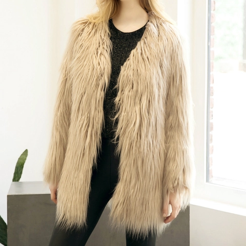 Elegant Faux Fur Coat Women Mid-Length V-Neck Long Sleeve Warm Plush Solid Color Loose Outerwear Winter Commuter Jacket