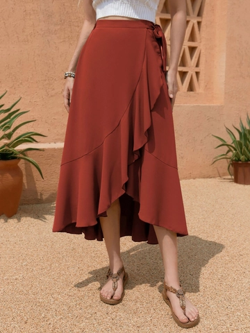 Damen Casual Rüschen Wickel Midi Rock Hohe Taille Bindegürtel Elastischer Rücken Polyester Einfarbig Sommer Urlaub Eleganter Rock