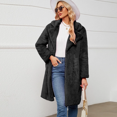 Women Faux Fur Coat Long Teddy Jacket Winter Warm Lapel Overcoat Soft Plush Outerwear For Streetwear Office Casual Wear