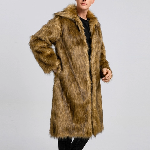 Lussuoso Cappotto Lungo in Pelliccia Sintetica da Uomo Invernale Calda Giacca di Peluche con Colletto a Revers Marrone