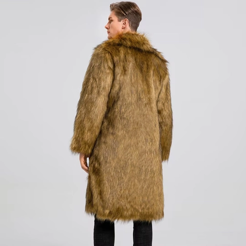 Lussuoso Cappotto Lungo in Pelliccia Sintetica da Uomo Invernale Calda Giacca di Peluche con Colletto a Revers Marrone