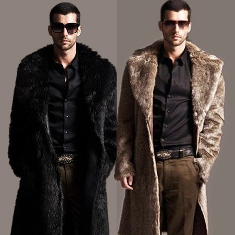 Men's Faux Fur Long Coat Winter Warm Thick Outerwear Fashion Lapel Collar Solid Color Soft Plush Male Overcoat