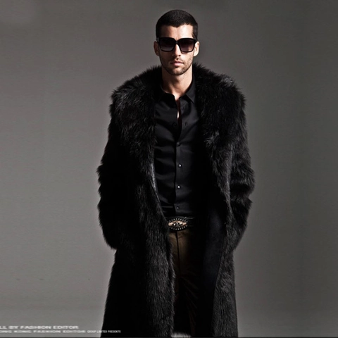 Men's Faux Fur Long Coat Winter Warm Thick Outerwear Fashion Lapel Collar Solid Color Soft Plush Male Overcoat
