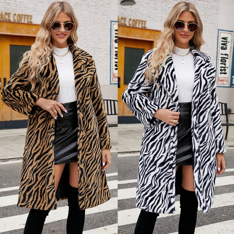 Abrigo Largo Casual de Piel Sintética para Mujer Estampado de Cebra Tigre Manga Larga Cuello Traje Chaqueta de Invierno