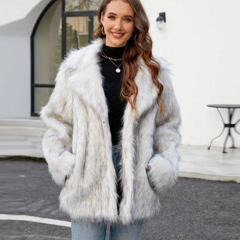 Women's Faux Fox Fur Coat Elegant Lapel Collar Faux Fur Jacket Winter Warm Thick Long Sleeve Top For Ladies Commuter Style