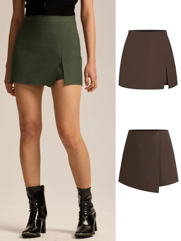 Jupe-Culotte Femme Taille Haute Coupe en A Fente Latérale Bouton Détail Mini Jupe Unie Pied-de-Poule Élégant Mode