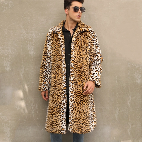 Men Long Leopard Print Faux Fur Coat Suit Collar Winter Warm Streetwear Outerwear Fashion Plus Size Jacket For Men