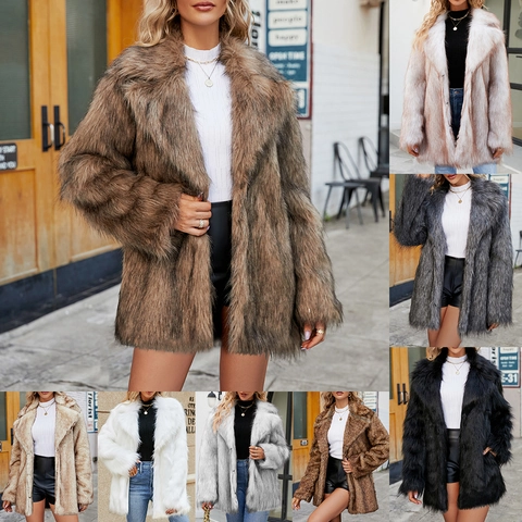 Elegante Cappotto in Pelliccia Sintetica da Donna Lunghezza Media Collo a Rever Autunno Inverno Caldo Manica Lunga Capispalla Moda Casual Giacca di Peluche