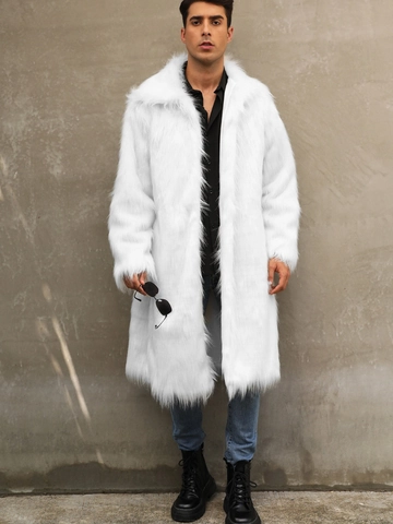 Men Fashion Faux Fur Long Overcoat Winter Warm Solid White Artificial Fur Jacket With Suit Collar Thick Shaggy Outerwear