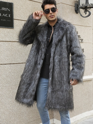 Cappotto Invernale da Uomo in Pelliccia Sintetica Calda a Pelo Lungo Stile Volpe Collo a Rever Giacca Grigio Bianco Soprabito