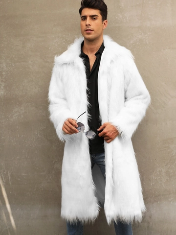 Men Fashion Faux Fur Long Overcoat Winter Warm Solid White Artificial Fur Jacket With Suit Collar Thick Shaggy Outerwear