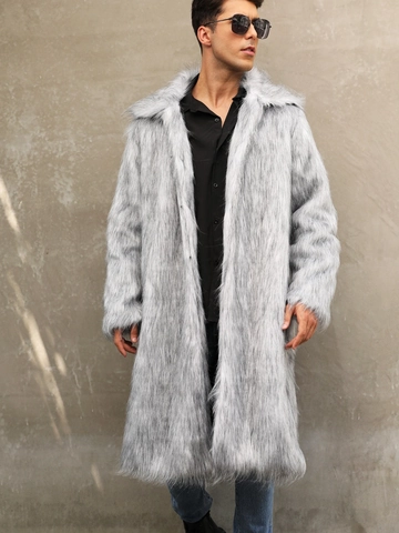Herren Long Faux Fox Pelzmantel Dick Warm Wintermantel Mit Anzugkragen Grau Schwarz Spitzen Stilvolle Streetwear Luxus Pelzjacke
