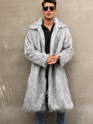 Herren Long Faux Fox Pelzmantel Dick Warm Wintermantel Mit Anzugkragen Grau Schwarz Spitzen Stilvolle Streetwear Luxus Pelzjacke