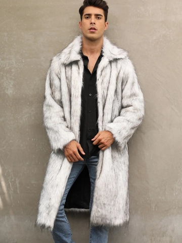Cappotto Lungo in Pelliccia Sintetica da Uomo Moda Collo a Revers Invernale Caldo Grigio Bianco Sfumato Giacca Spessa