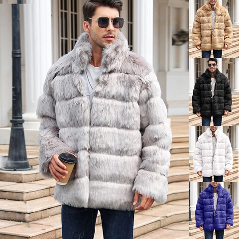 Men's Luxury Winter Faux Fur Coat Horizontal Striped Thickened Warm Outerwear Half High Collar Long Sleeve Mid Length Overcoat Jacket