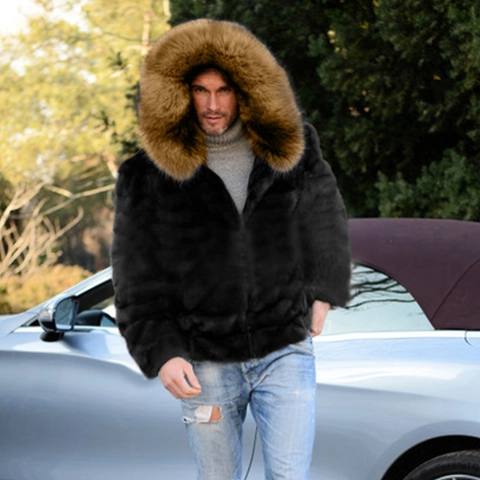 Herren Luxus Kunstfell Kapuzenjacke Schwarz Winter Dick Warm Kunstleder Mantel Mit Großem Braunem Fellkragen Reißverschluss Jacke