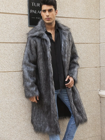 Herren Langer Kunstpelzmantel Winter Warmer Übermantel Künstlicher Fuchspelz Jacke Reverskragen Taschen Eleganter Casual Oberbekleidung
