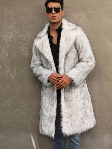 Men Luxury Long Faux Fur Coat Winter Warm Jacket Suit Collar White Grey Gradient Thick Furry Overcoat For Men Streetwear