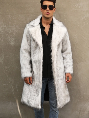 Men Luxury Long Faux Fur Coat Winter Warm Jacket Suit Collar White Grey Gradient Thick Furry Overcoat For Men Streetwear
