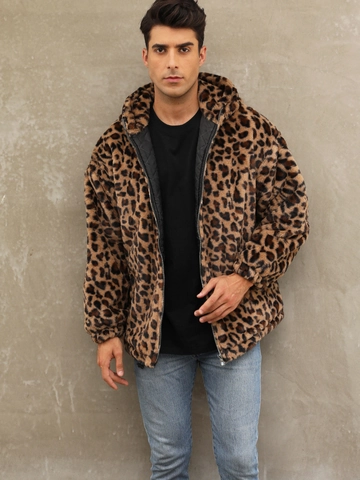 Men Luxury Faux Fur Leopard Print Hooded Jacket Winter Warm Plush Streetwear Zip Up Coat With Quilted Lining