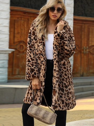 Cappotto da Donna in Pelliccia Sintetica Leopardata Invernale Caldo Media Lunghezza Rever a Tacche Casual Moda Streetwear