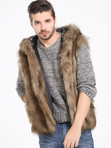 Gilet en Fausse Fourrure pour Hommes à Capuche Gilet en Fourrure de Renard Artificielle Style Britannique Veste Sans Manches Chaude Vêtements d'Extérieur Décontractés pour Hommes
