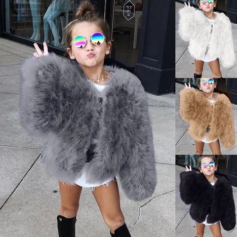 Kids Faux Fur Coat Winter Warm Short Outerwear For Girls Boys Unisex Plush Jacket Round Neck Long Sleeve Fashion Streetwear