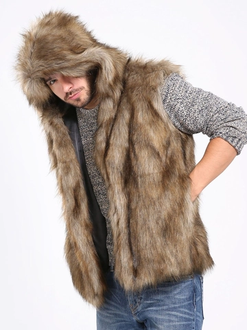 Gilet en Fausse Fourrure pour Hommes à Capuche Gilet en Fourrure de Renard Artificielle Style Britannique Veste Sans Manches Chaude Vêtements d'Extérieur Décontractés pour Hommes