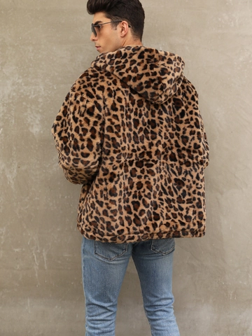 Men Luxury Faux Fur Leopard Print Hooded Jacket Winter Warm Plush Streetwear Zip Up Coat With Quilted Lining