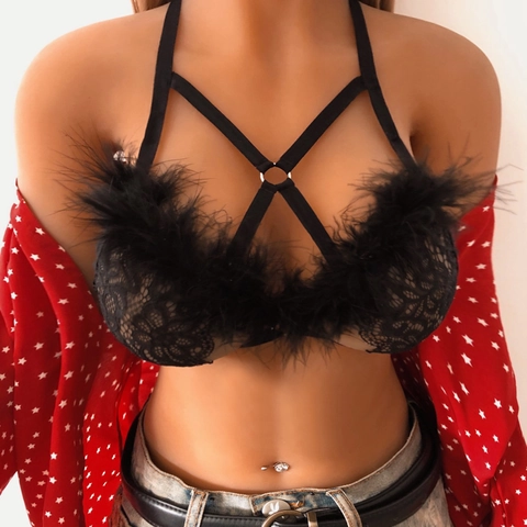 Bralette Sexy De Encaje Negro Con Ribete De Plumas Artificiales Y Diseño De Jaula Arnés Mujer Lencería Gótica