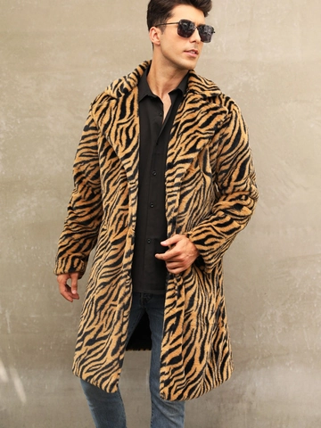 Men Fashion Faux Fur Long Coat Leopard Tiger Zebra Print Outerwear Winter Warm Thick Overcoat With Suit Collar