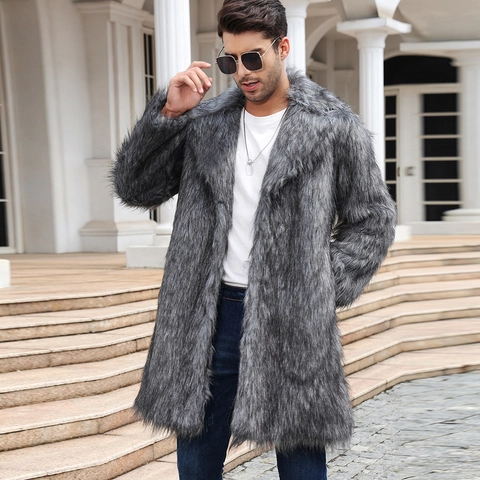 Herren Luxus Pelzimitat Langmantel Winter Warm Dickes Revers Übermantel Langarm Kunstfuchspelz Fashion Streetwear Top