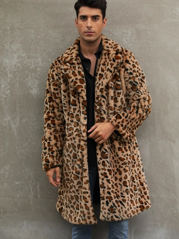 Herren Leopardenmuster Kunstpelzmantel Mode Reverskragen Lange Jacke Einreihig Winter Warmer Mantel Streetwear Oberbekleidung