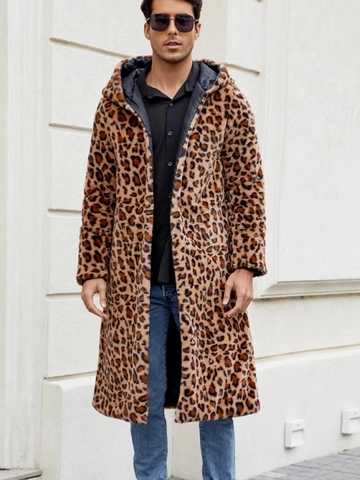 Herren Leopardenmuster Kunstpelzmantel Mit Kapuze Langer Mantel Gestepptes Futter Britischer Stil Winter Warmer Mantel