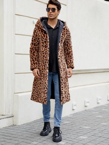 Herren Leopardenmuster Kunstpelzmantel Mit Kapuze Langer Mantel Gestepptes Futter Britischer Stil Winter Warmer Mantel