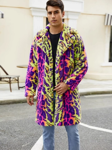 Cappotto Invernale da Uomo in Pelliccia Sintetica Caldo Stampa Leopardata Multicolore Revers Monopetto Lungo Streetwear Giacca