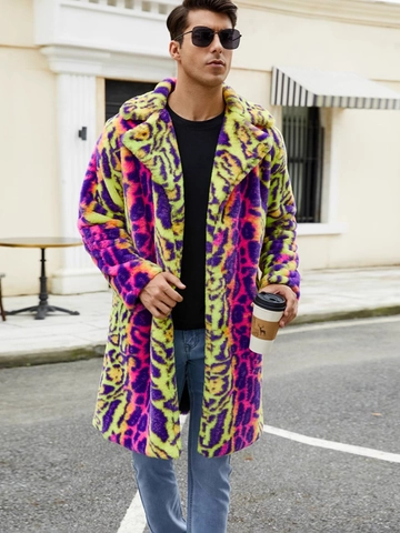 Cappotto Invernale da Uomo in Pelliccia Sintetica Caldo Stampa Leopardata Multicolore Revers Monopetto Lungo Streetwear Giacca
