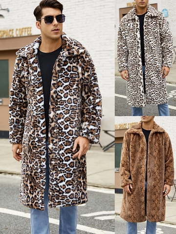 Men Long Faux Fur Coat Leopard Snake Pattern Lapel Winter Warm Overcoat Fashion Streetwear Outwear For Men