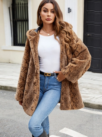 Cappotto in Pelliccia Sintetica da Donna Lunghezza Media Giacca con Cappuccio Stampa Leopardata Serpente Caldo Inverno Soprabito Moda Urbana Casual