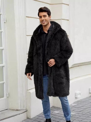 Men's Winter Long Faux Fur Hooded Coat Warm Thick Shaggy Fuzzy Overcoat Urban Casual Fashion Outwear Solid Color Jacket