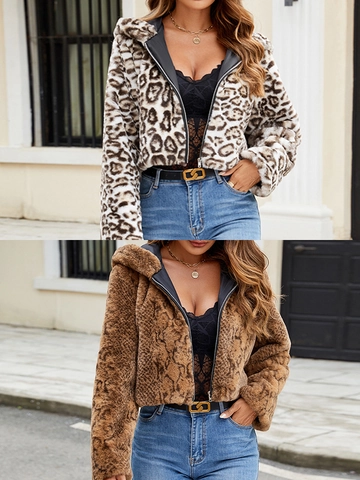 Giacca da Donna alla Moda con Cappuccio in Pelliccia Ecologica Stampa Leopardata e Serpente Cappotto Corto Soffice Autunno Inverno Caldo Capispalla con Cerniera