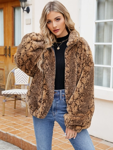 Cappotto Donna in Pelliccia Sintetica Vintage Stampa Serpente Collo Alto Cerniera Largo Casual Caldo Autunno Inverno Giacca