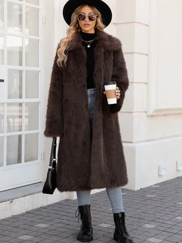 Women's Long Faux Fur Coat Winter Warm Thick Faux Fox Fur Overcoat Elegant Lapel Solid Color Commuter Jacket For Lady