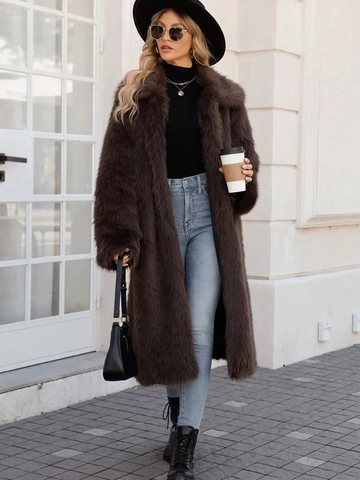 Women's Long Faux Fur Coat Winter Warm Thick Faux Fox Fur Overcoat Elegant Lapel Solid Color Commuter Jacket For Lady