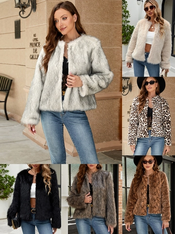 Women's Fashion Short Faux Fur Coat Round Neck Leopard Snake Pattern Artificial Fur Jacket Warm Winter Outerwear Casual Plush Top